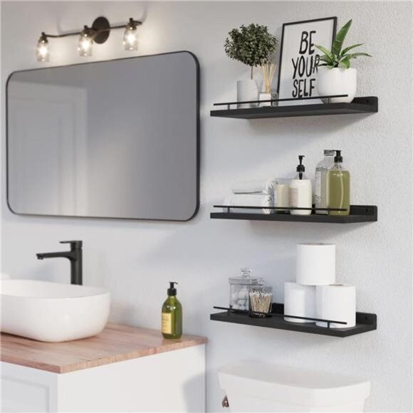 Floating Shelves with Black Metal Guardrail, Shelves for Wall Decor - Picture 2 of 7